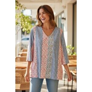 Noracora Womens V-Neck Floral Tunic Top Blouse Large Blue Pink Pastel 3/4 Sleeve